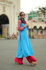 Áo Dài Nữ F2 Linen Xanh Tay Phối Pride Việt Nam - Không Kèm Quần