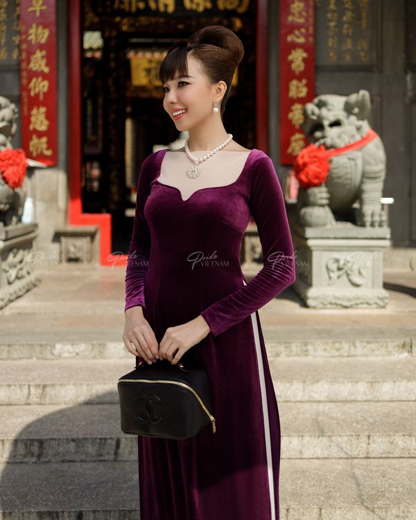 Áo Dài F2 Nhung Hồng Tím Pride Việt Nam - Không Kèm Quần