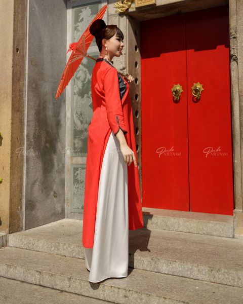 Áo Dài F2 Linen Đỏ Cam Pride Việt Nam - Không Kèm Quần