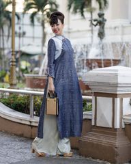 Áo Dài F2 Linen Xanh Đen Pride Việt Nam - Không Kèm Quần