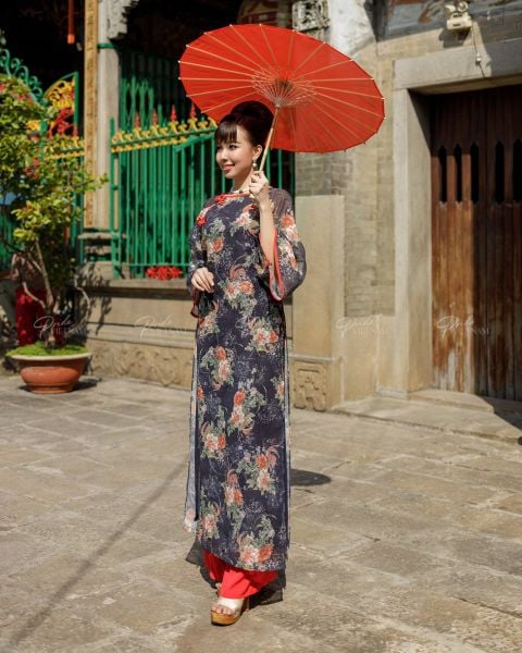 Áo Dài F2 Voan Xanh Hoa Pride Việt Nam - Không Kèm Quần