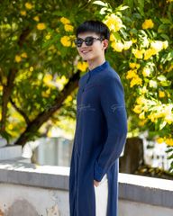 Áo Dài Nam F2 Linen Xanh Đen Đột Chỉ - Không Kèm Quần
