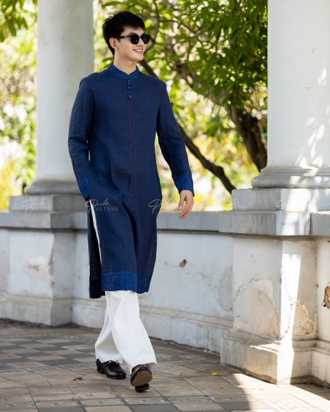 Áo Dài Nam F2 Linen Xanh Đen Đột Chỉ - Không Kèm Quần