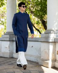 Áo Dài Nam F2 Linen Xanh Đen Đột Chỉ - Không Kèm Quần