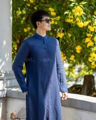 Áo Dài Nam F2 Linen Xanh Đen Đột Chỉ - Không Kèm Quần