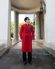 Áo Dài Nam F2 Linen Đỏ Phối Họa Tiết - Không Kèm Quần
