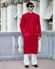 Áo Dài Nam F2 Linen Đỏ Kết Nút - Không Kèm Quần