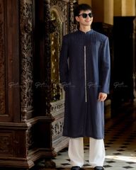 Áo Dài Nam F2 Linen Xanh Đen Xếp Ly Kết Nút - Không Kèm Quần