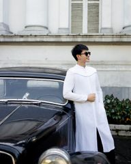 Áo Dài Nam F2 Linen Trắng Đột Chỉ - Không Kèm Quần