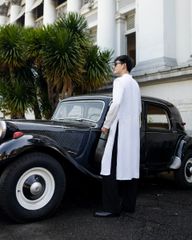 Áo Dài Nam F2 Linen Trắng Đột Chỉ - Không Kèm Quần