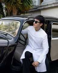 Áo Dài Nam F2 Linen Trắng Đột Chỉ - Không Kèm Quần