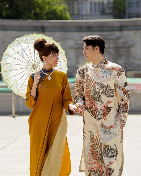 Áo Dài Gấm Nam F2 Kem Họa Tiết Pride Việt Nam - Không Kèm Quần