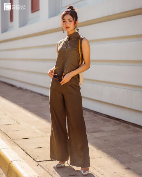 Quần Dài Nữ F2 Linen Rêu Đậm