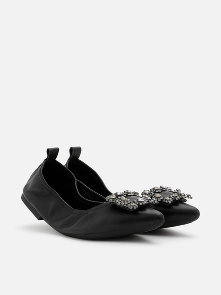 Giày búp bê gấp gọn da Pazzion Helene Crystal Buckle Foldable Flats
