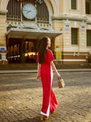 Áo Dài Nữ F2 Linen Đỏ Hồn Việt - Không Kèm Quần