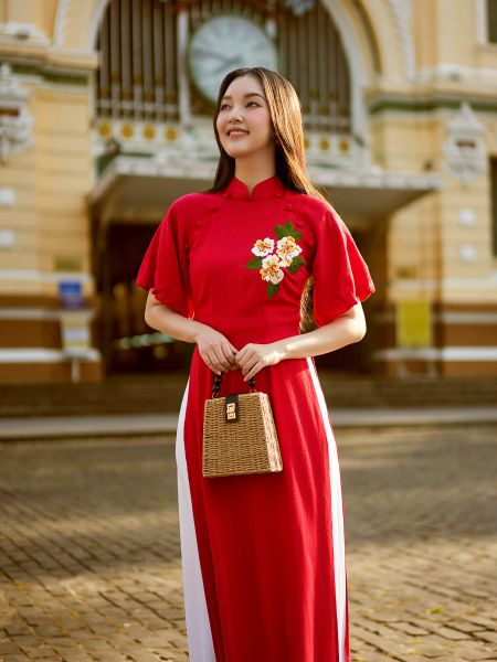Áo Dài Nữ F2 Linen Đỏ Hồn Việt - Không Kèm Quần