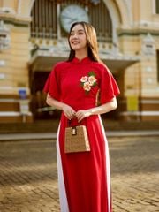 Áo Dài Nữ F2 Linen Đỏ Hồn Việt - Không Kèm Quần