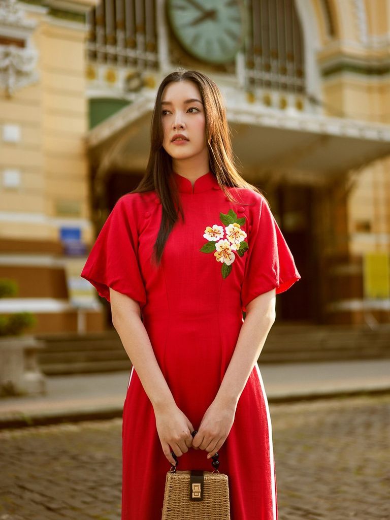 Áo Dài Nữ F2 Linen Đỏ Hồn Việt - Không Kèm Quần