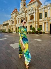 Áo Dài Nữ F2 Lụa Họa Tiết Xanh Vàng Hồn Việt - Không Kèm Quần