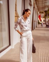 Áo Sơ Mi Linen F2 Trắng Họa Tiết Autumn Charm