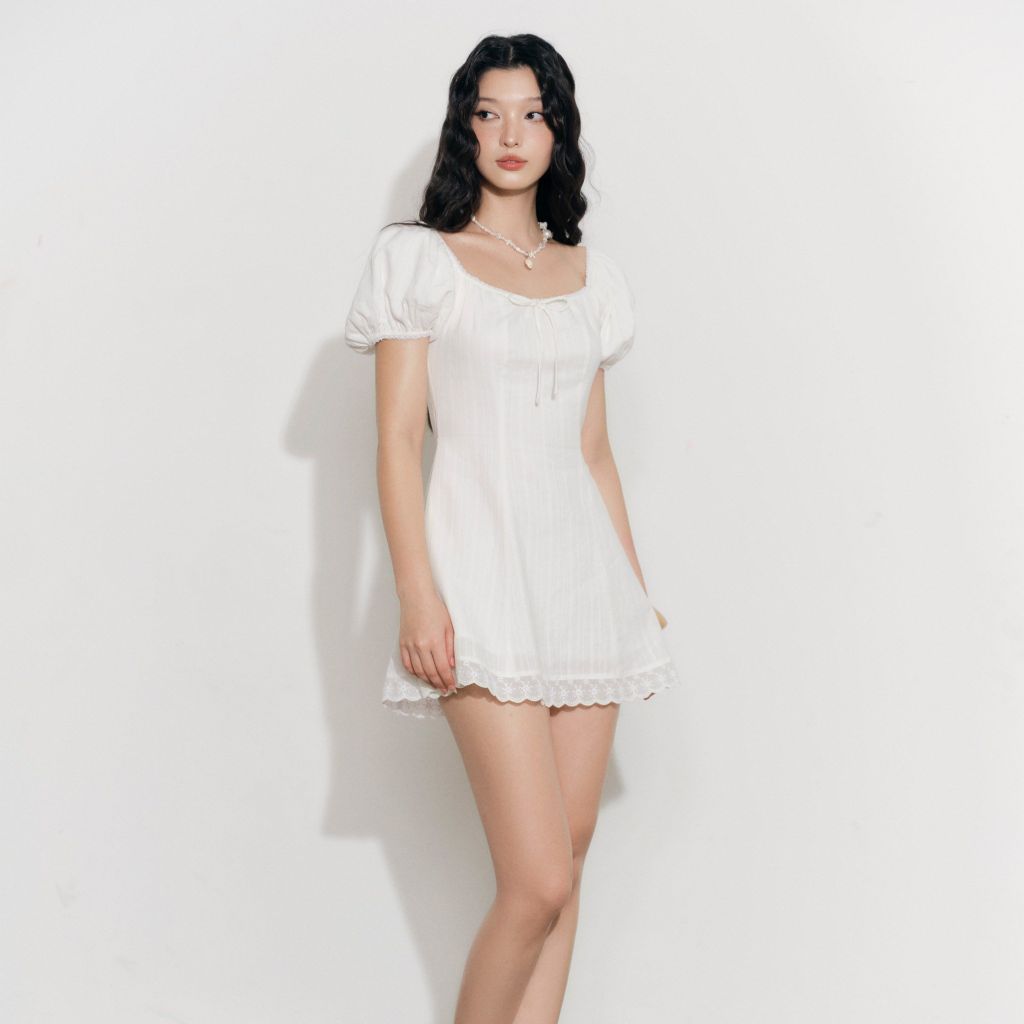 Đầm Nữ DOTTIE Tay Phồng Phối Vải - Trắng - D0700