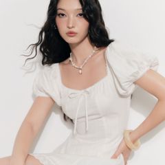 Đầm Nữ DOTTIE Tay Phồng Phối Vải - Trắng - D0700