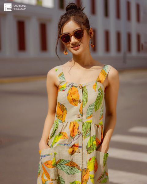 Đầm Nữ F2 Linen Cam Xanh Fall Muse