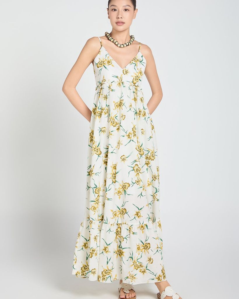 Đầm Nữ F2 Linen Trắng Hoa Xanh A Touch Of Effortless Elegance
