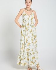 Đầm Nữ F2 Linen Trắng Hoa Xanh A Touch Of Effortless Elegance