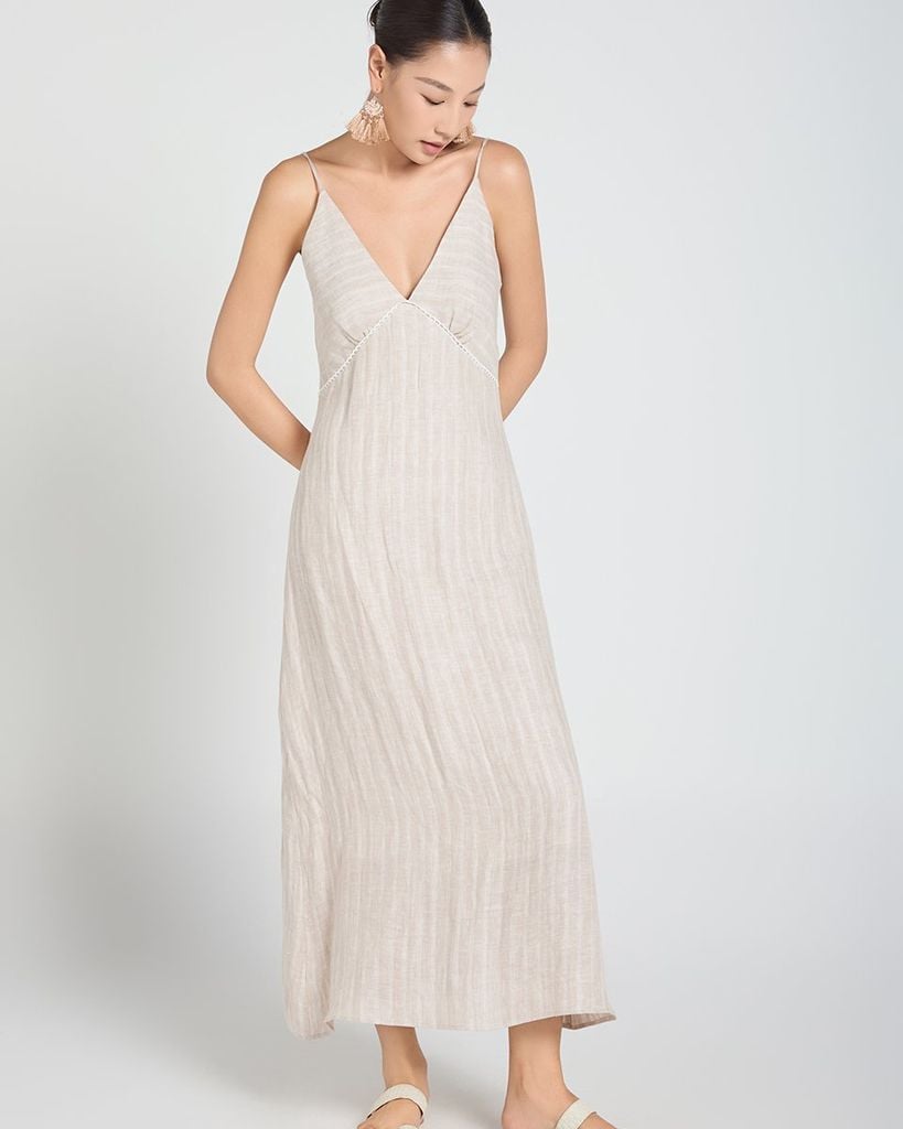 Đầm Nữ F2 Linen Kem Sọc A Touch Of Effortless Elegance