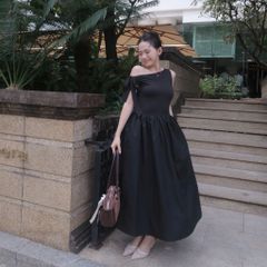 Đầm Nữ DOTTIE Midi Lệch Vai Phối Vải Poplin - D0679