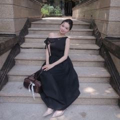 Đầm Nữ DOTTIE Midi Lệch Vai Phối Vải Poplin - D0679