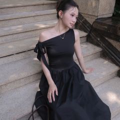 Đầm Nữ DOTTIE Midi Lệch Vai Phối Vải Poplin - D0679