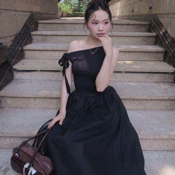 Đầm Nữ DOTTIE Midi Lệch Vai Phối Vải Poplin - D0679
