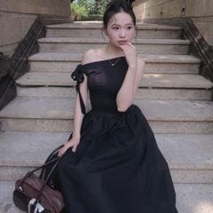 Đầm Nữ DOTTIE Midi Lệch Vai Phối Vải Poplin - D0679