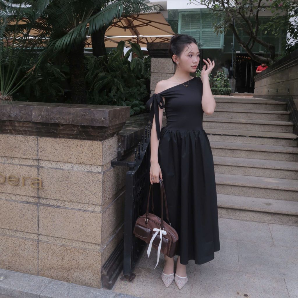 Đầm Nữ DOTTIE Midi Lệch Vai Phối Vải Poplin - D0679