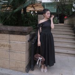 Đầm Nữ DOTTIE Midi Lệch Vai Phối Vải Poplin - D0679