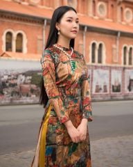 Áo Dài Nữ F2 Lụa Nâu Vàng Hòn Ngọc Viễn Đông - Không Kèm Quần