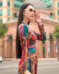 Áo Dài Nữ F2 Lụa Xanh Đỏ Hòn Ngọc Viễn Đông - Không Kèm Quần