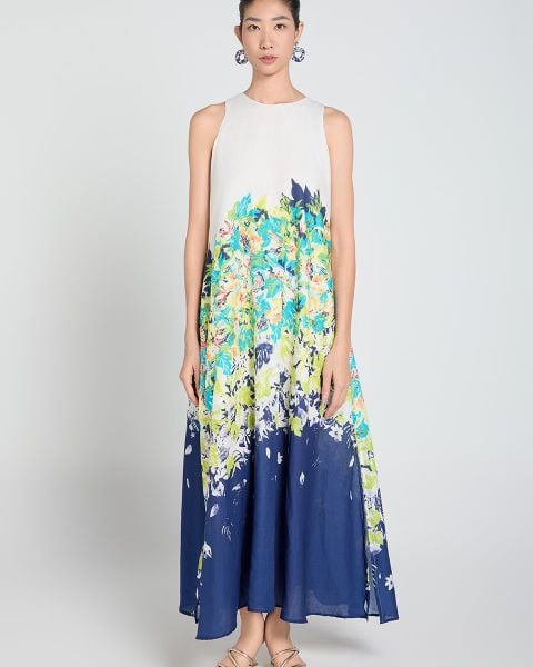 Đầm Nữ F2 Linen Xanh Họa Tiết A Touch Of Effortless Elegance