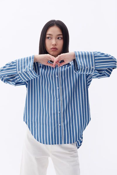 Áo Sơ Mi Nữ TheBlueTshirt sơ mi Sydney Oversize Shirt - Carbon Golden Blue Stripe