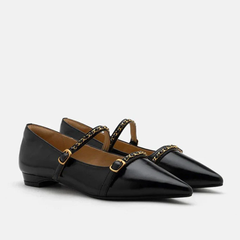 Giày búp bê mũi nhọn da Pazzion Eva Chained Strappy Pointed Toe Flats