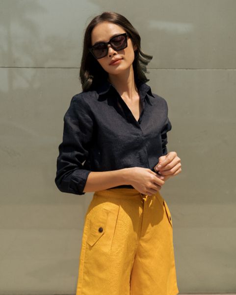 Quần Short Nữ F2 Linen Vàng Tru Du Phố