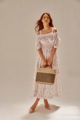 Đầm Nữ F2 Linen Trắng Họa Tiết Hồng Fly Sly