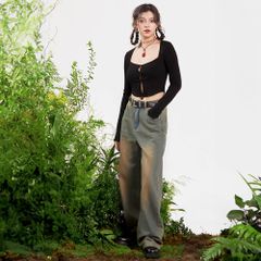 Quần Jeans Dài Nữ DOTTIE Wash Ống Rộng - Xanh Đậm Wash Vàng - Q0325
