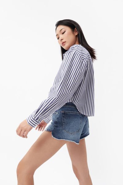 Áo Sơ Mi Nữ TheBlueTshirt Cropped Shirt - Blue Navy Stripe