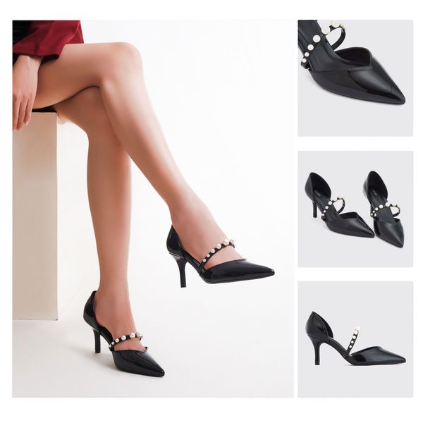 Giày Bít Cao Gót Nữ THÁI TUẤN Mũi Nhọn Slingback Màu Đen