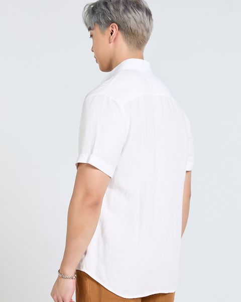 Áo Sơ Mi Nam F2  Linen Trắng Thêu Tay Ngắn Tender Drit