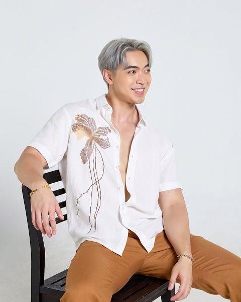 Áo Sơ Mi Nam F2  Linen Trắng Thêu Tay Ngắn Tender Drit
