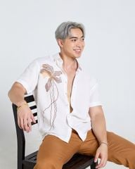 Áo Sơ Mi Nam F2  Linen Trắng Thêu Tay Ngắn Tender Drit